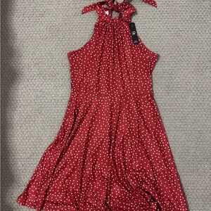 Red Polka Dot Halter Neck Casual Dress